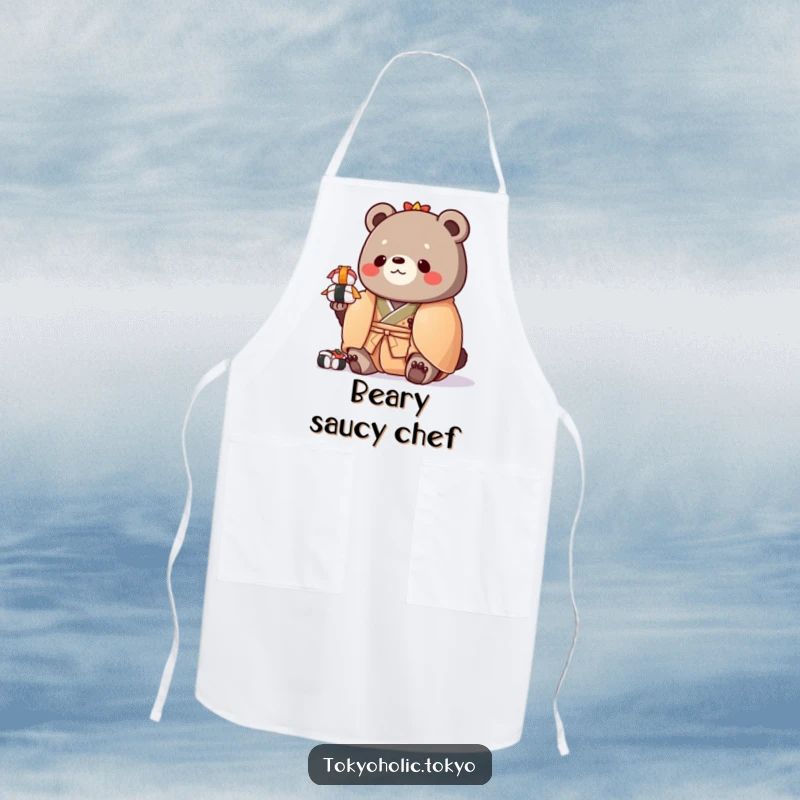 Funny apron featuring a chubby bear in a colorful kimono, humorously balancing a stack of toy sushi, ideal for kitchen fun.