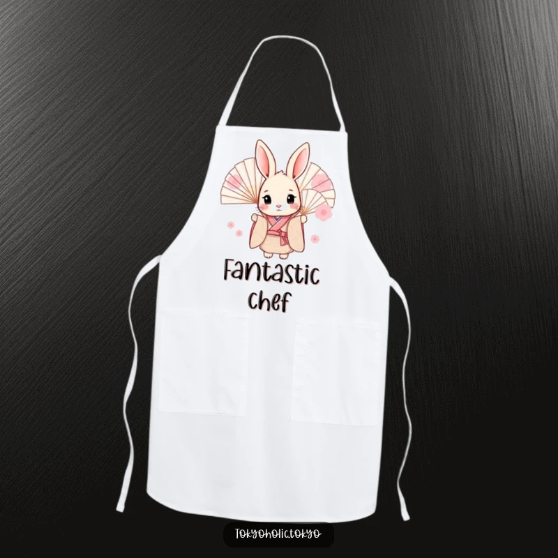 Funny apron with a sweet bunny in a patterned kimono, peeking playfully from behind fans, perfect for adding humor to kitchen duties.