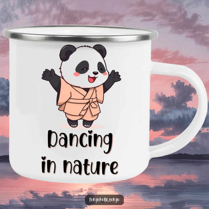 Funny camping mug with a playful panda in a simple kimono, joyfully attempting a clumsy but happy dance, durable for outdoor use.
