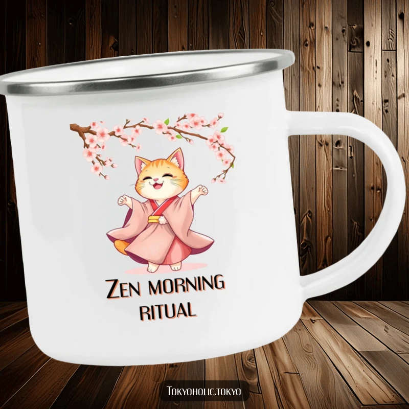 Funny Cat Kimono Camping Mug: A cute cat in a kimono twirling under cherry blossoms, perfect for enjoying drinks in nature with elegance.