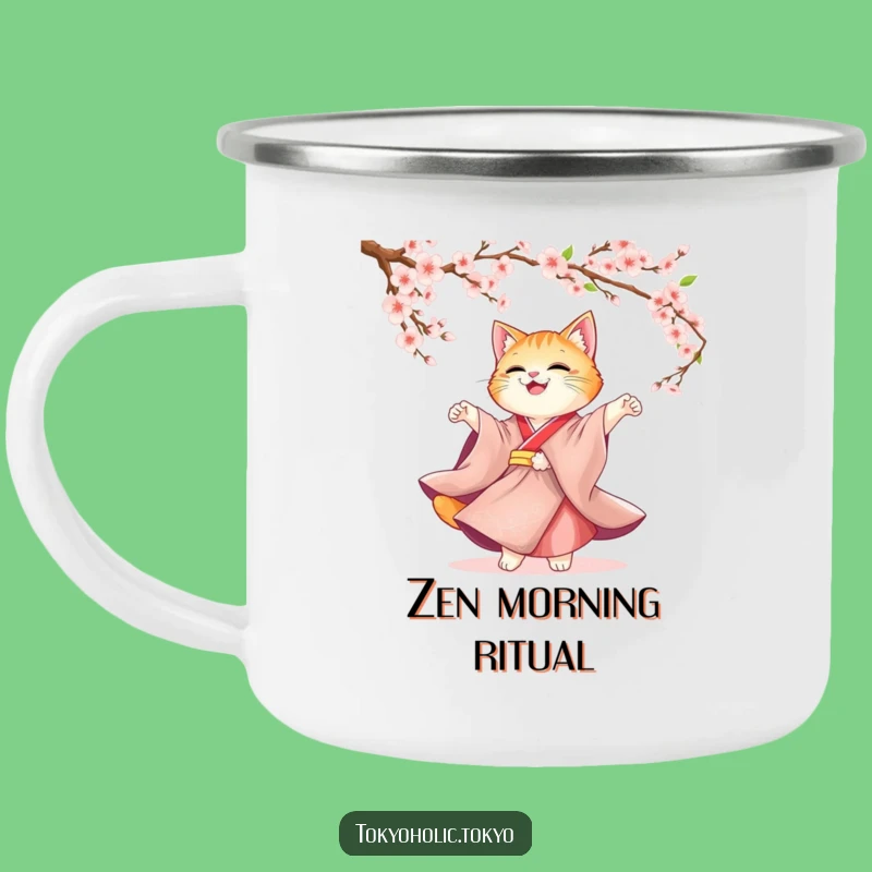 Funny Cat Kimono Camping Mug: Elegant Blossom Dancer Enamel Cup, Funny Gift