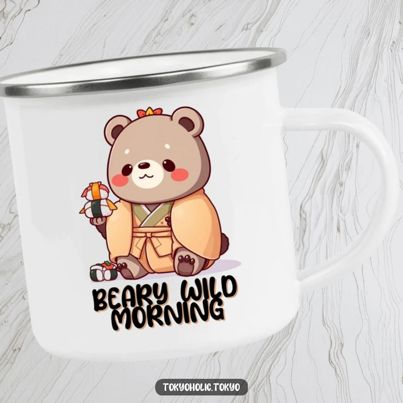 Funny camping mug with a chubby bear in a colorful kimono, humorously balancing a stack of toy sushi, durable for adventures.