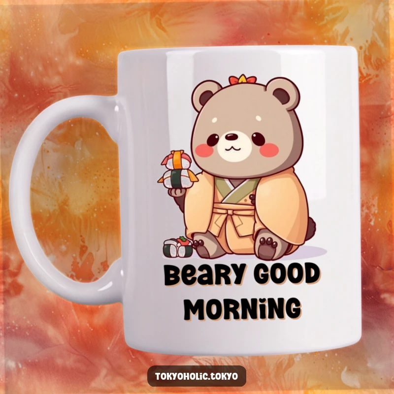 Funny mug featuring a chubby bear in a colorful kimono, precariously balancing a stack of toy sushi, looking adorably determined.