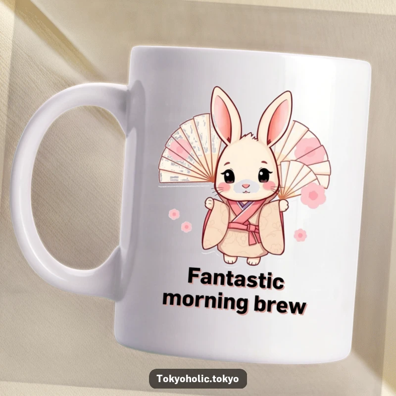 Funny mug featuring a sweet bunny in a patterned kimono, playfully peeking from behind delicate fans, exuding cuteness and humor.