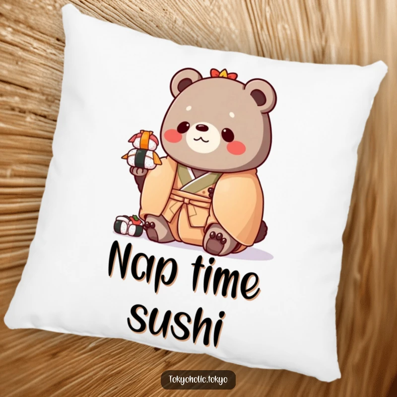 Funny pillow with a chubby bear in a colorful kimono, balancing a stack of toy sushi, offering comfort and a humorous design.