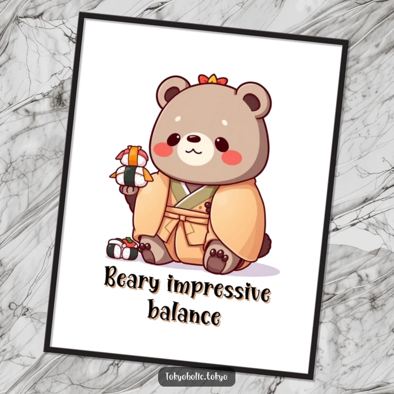 Funny digital art print of a chubby bear in a colorful kimono, balancing a stack of toy sushi, ready for printing.