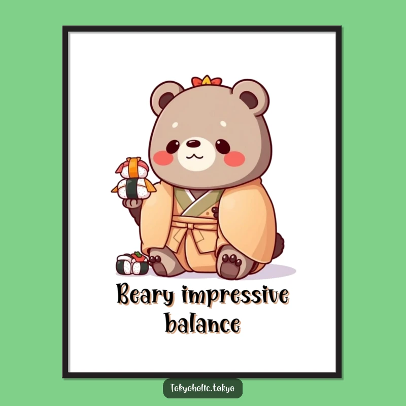 Funny Chubby Bear Sushi Art Print: Digital Kimono Bear Decor, Unique Funny Gift