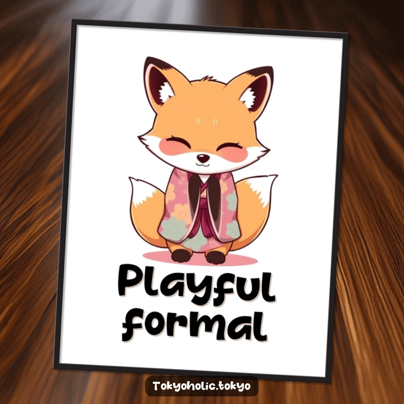 Funny Fox Kimono Digital Art Print: An adorable fox in a vibrant kimono bowing gracefully with a wink, a charming downloadable artwork.