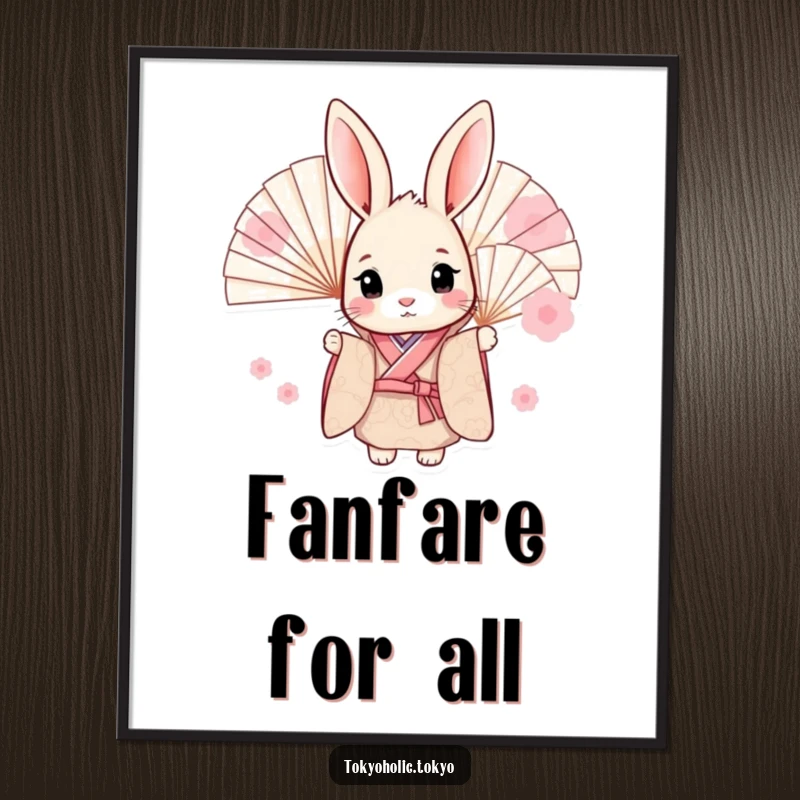 Funny digital art print of a sweet bunny in a patterned kimono, peeking from behind fans, ready to be printed and displayed.
