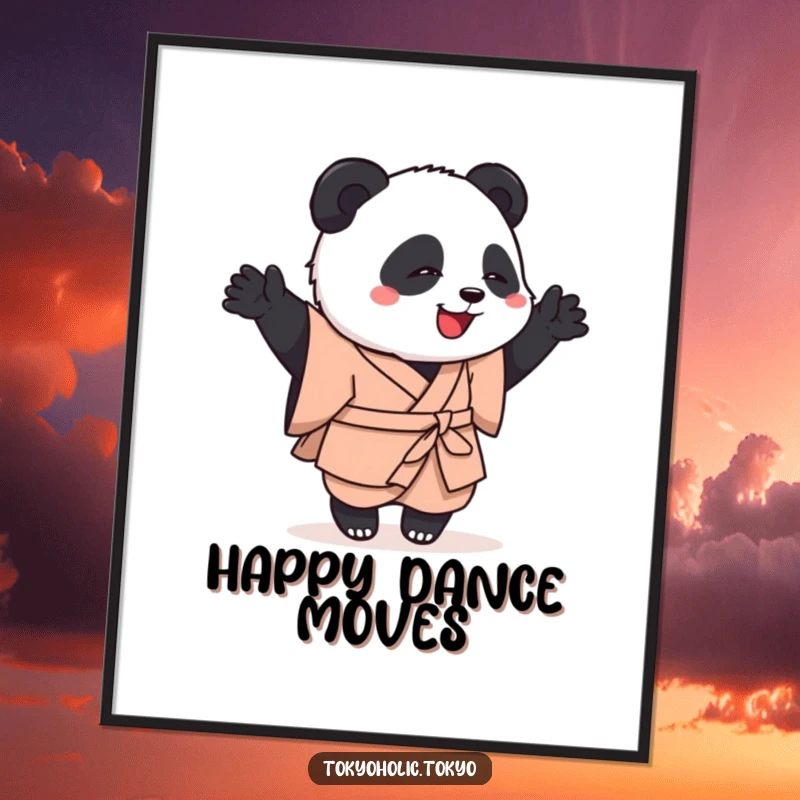 Funny digital art print of a playful panda in a simple kimono, attempting a clumsy but happy dance, ready for printing.