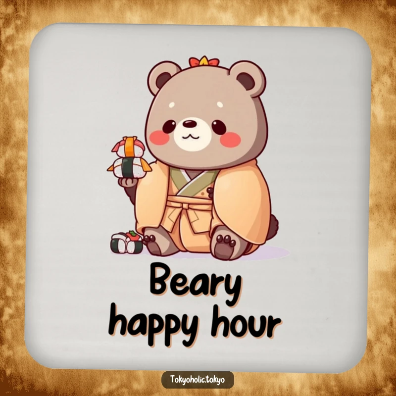 Funny drink coaster with a chubby bear in a colorful kimono, balancing a stack of toy sushi, providing humorous surface protection.