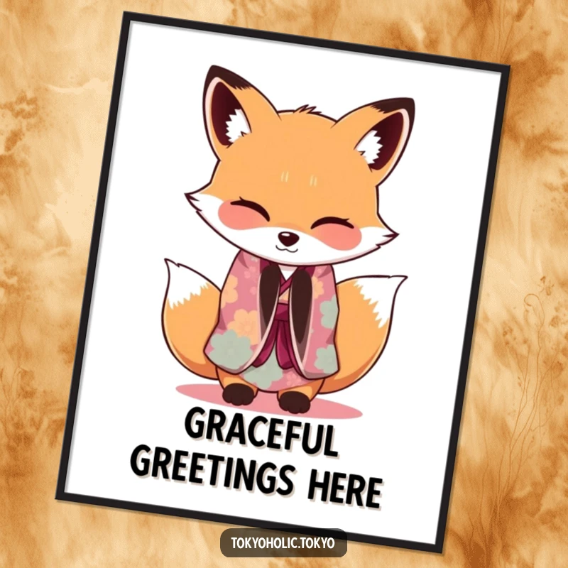 Funny Fox Kimono Poster: An adorable fox in a vibrant kimono bowing gracefully with a playful wink, creating a charming and artistic wall piece.