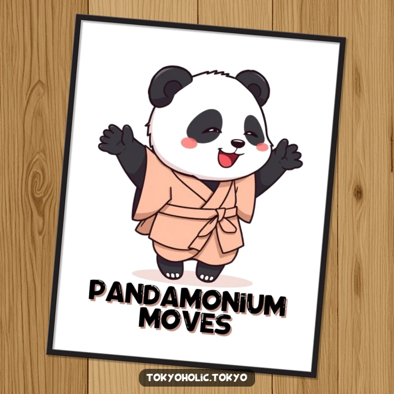 Funny poster of a playful panda in a simple kimono, enthusiastically attempting a clumsy but happy dance, full of vibrant motion.