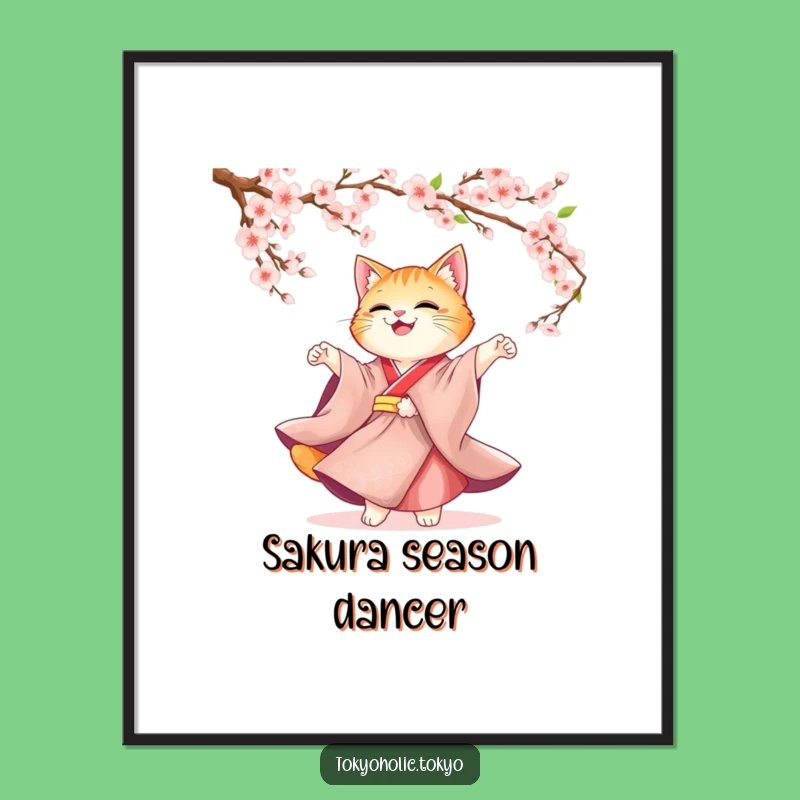 Funny Cat Kimono Poster: Joyful Blossom Dancer Wall Art, Elegant Funny Gift
