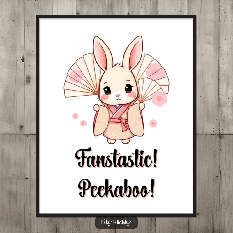 Funny Free Printable Wall Art: Adorable bunny in a patterned kimono peeking playfully from behind delicate fans, adding charm.