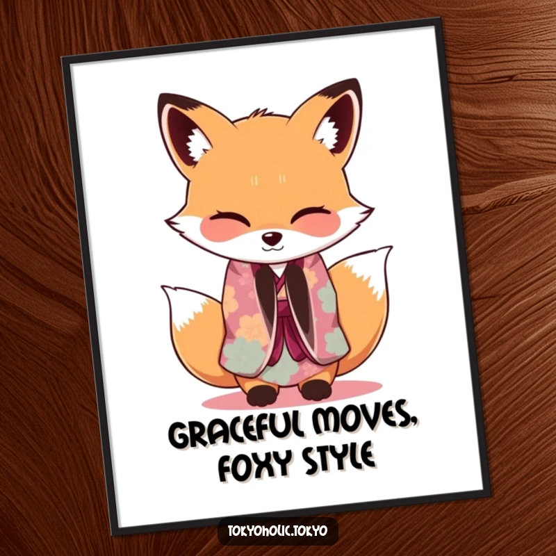Funny Free Printable Fox Kimono Wall Art: Adorable fox in kimono bowing gracefully with a playful wink, chic DIY downloadable decor.