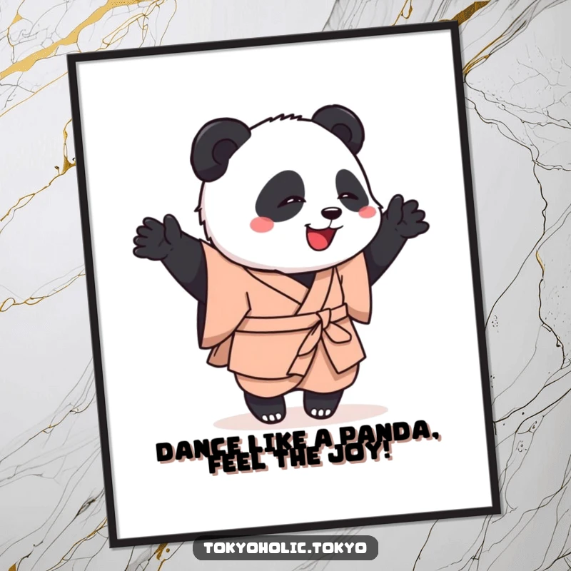 Funny Free Printable Wall Art: Playful panda in a simple kimono attempting a wonderfully clumsy but happy dance.