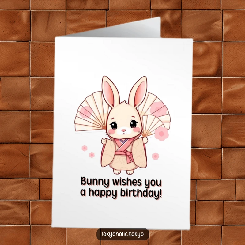 Funny Free Printable Birthday Card: Sweet bunny in patterned kimono peeking shyly behind fans, ready to deliver wishes.