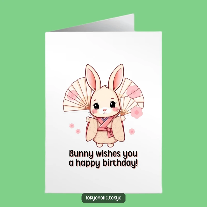 Free Printable Birthday Card: Funny Bunny Kimono Peeking Behind Fans - Downloadable Gift
