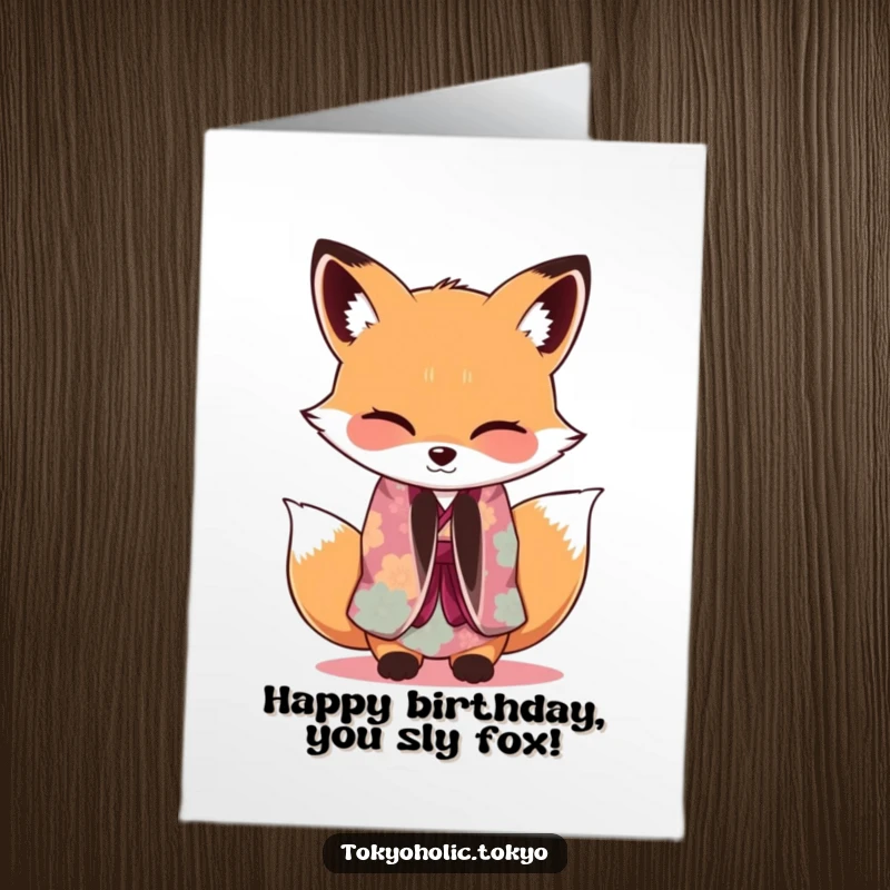 Funny Free Printable Fox Kimono Birthday Card: Fox in kimono bowing with a wink, stylish DIY downloadable gift.