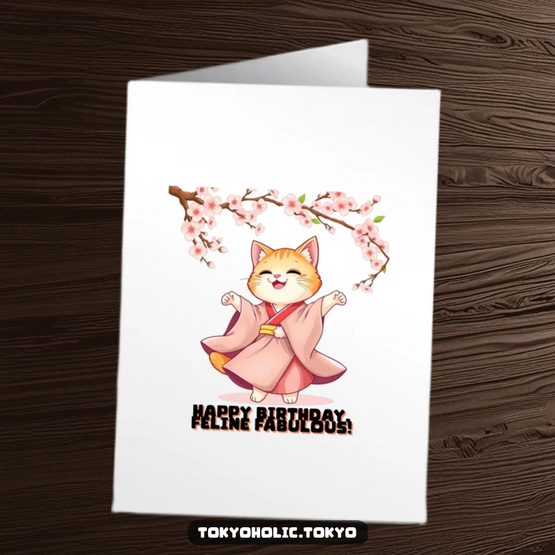 Funny Free Printable Kimono Cat Birthday Card: Cute cat in kimono twirling under blossoms, joyful DIY downloadable gift.