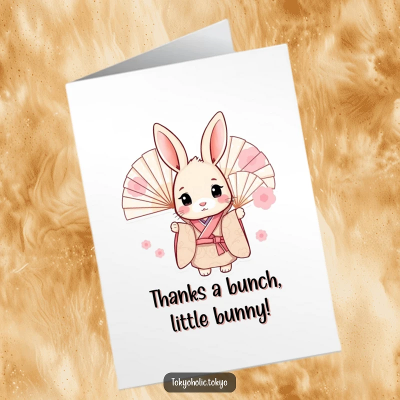 Funny Free Printable Thank You Card: Shy bunny in patterned kimono peeking from behind fans, expressing thanks humorously.