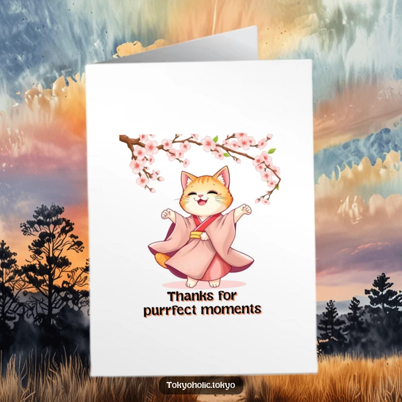 Funny Free Printable Kimono Cat Thank You Card: Cute cat in kimono twirling, expressing thanks, sweet DIY downloadable gift.