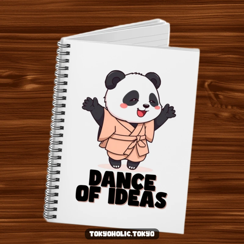 Funny notebook with a playful panda in a simple kimono, attempting a clumsy but happy dance, perfect for journaling and notes.