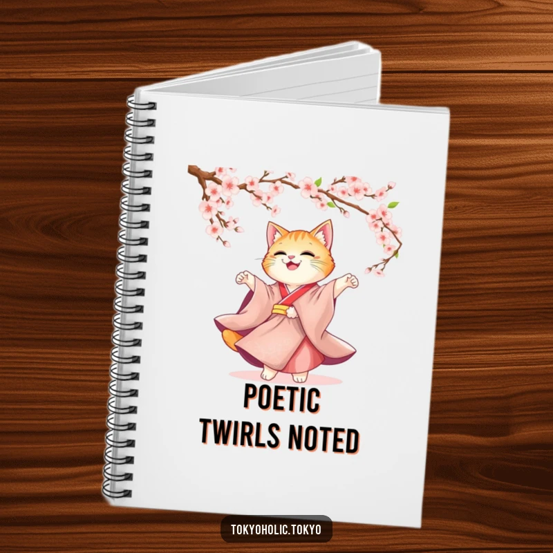Funny Cat Kimono Notebook: A cute cat in a kimono twirling under cherry blossoms, perfect for journaling or note-taking with artistic flair.