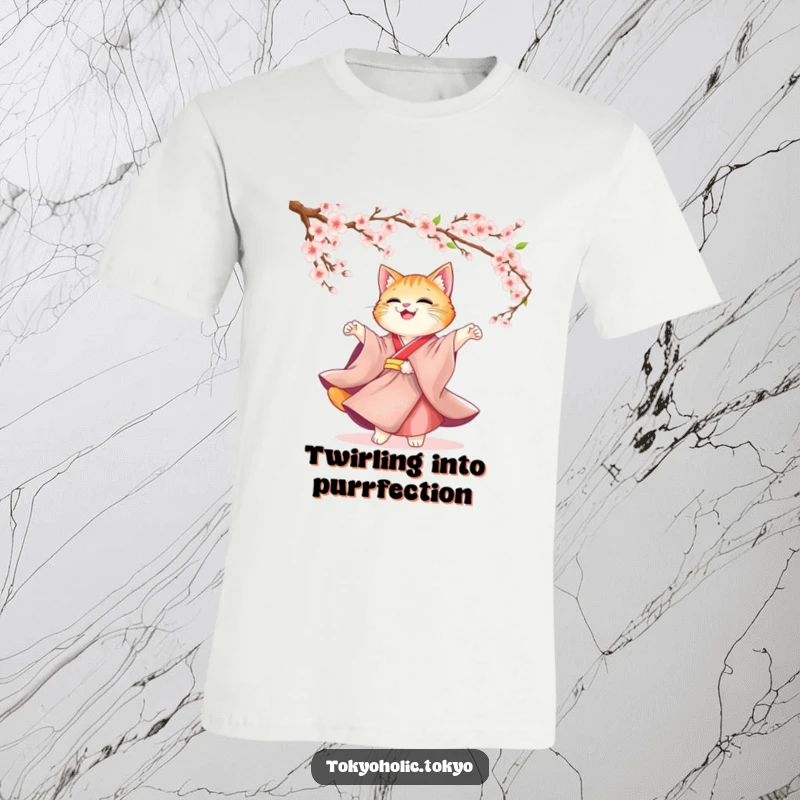 Funny Cat Kimono T-Shirt: A cute cat in a flowing kimono twirling gracefully amidst cherry blossoms, exuding pure joy and elegance.