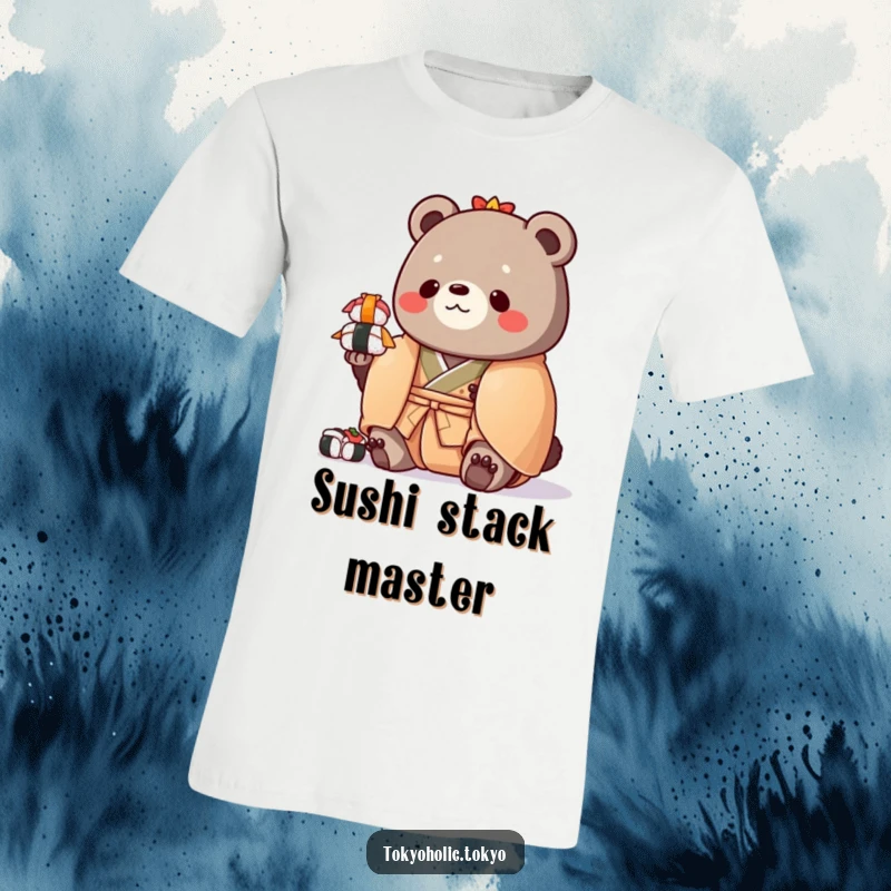 Funny t-shirt with a chubby bear in a vibrant kimono, humorously balancing a tower of toy sushi, showcasing playful charm.