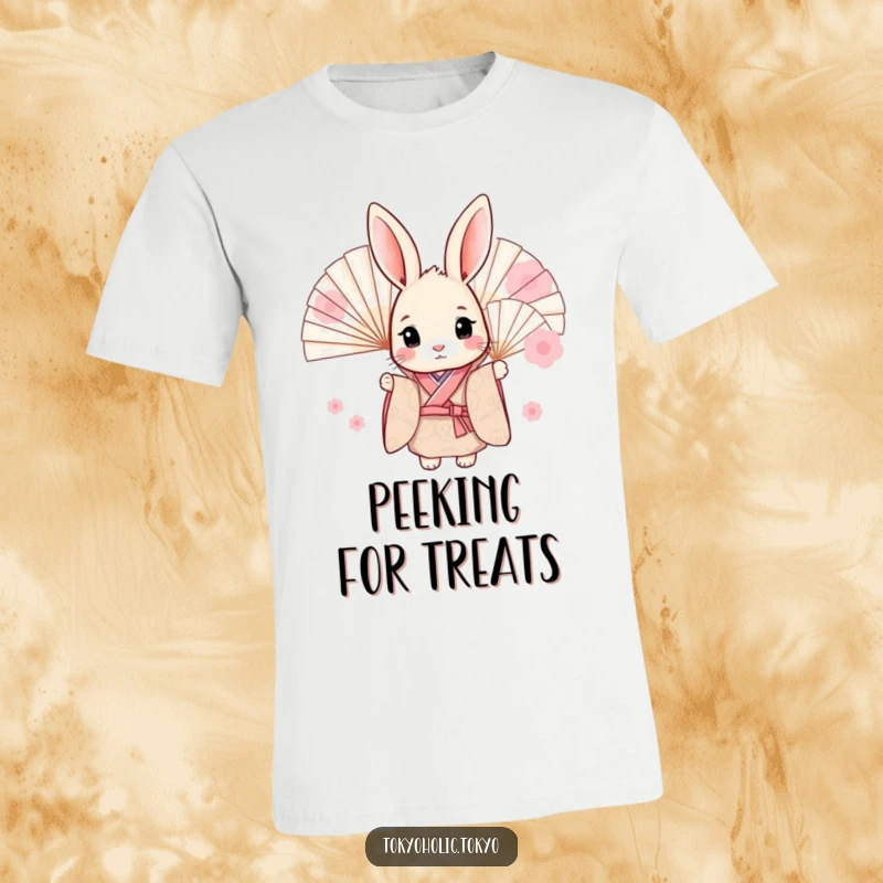 Funny t-shirt showcasing a sweet bunny in a patterned kimono, peeking mischievously from behind elegant fans, a delightful and humorous design.