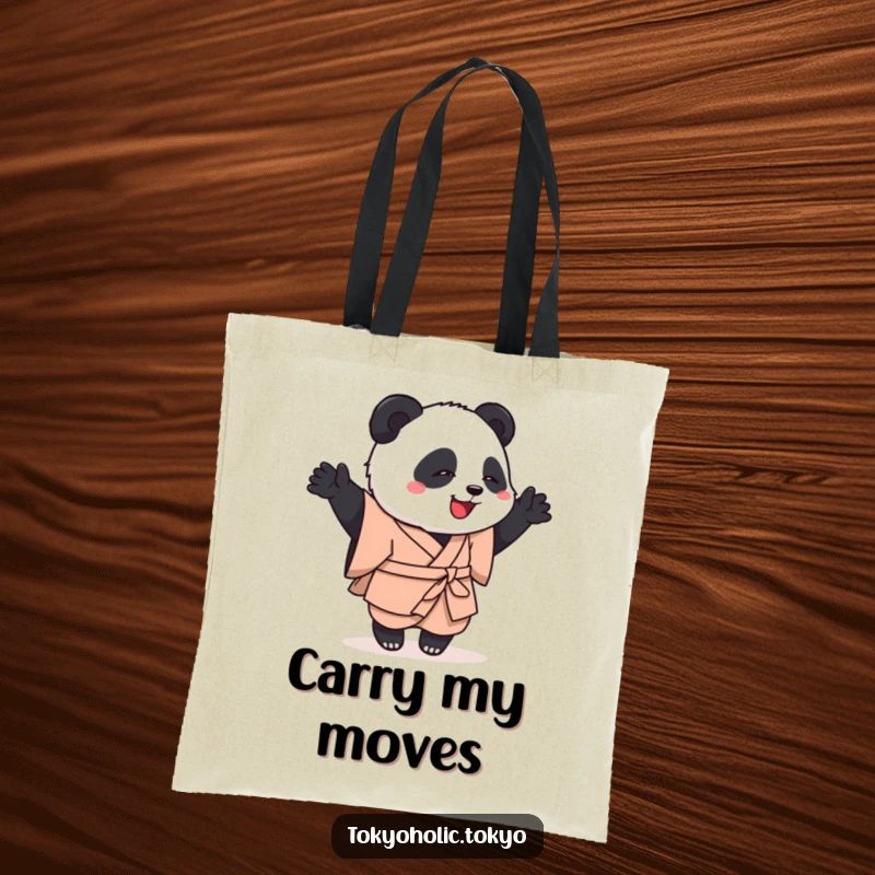 Funny tote bag featuring a playful panda in a simple kimono, caught mid-clumsy but happy dance, perfect for carrying daily items.