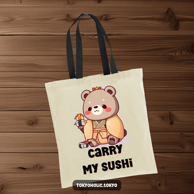 Funny tote bag featuring a chubby bear in a colorful kimono, skillfully (or not!) balancing a stack of toy sushi.