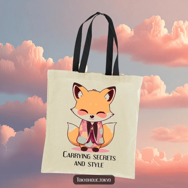 Funny Fox Kimono Tote Bag: An adorable fox in a vibrant kimono bowing gracefully with a wink, ideal for stylish and practical carrying.
