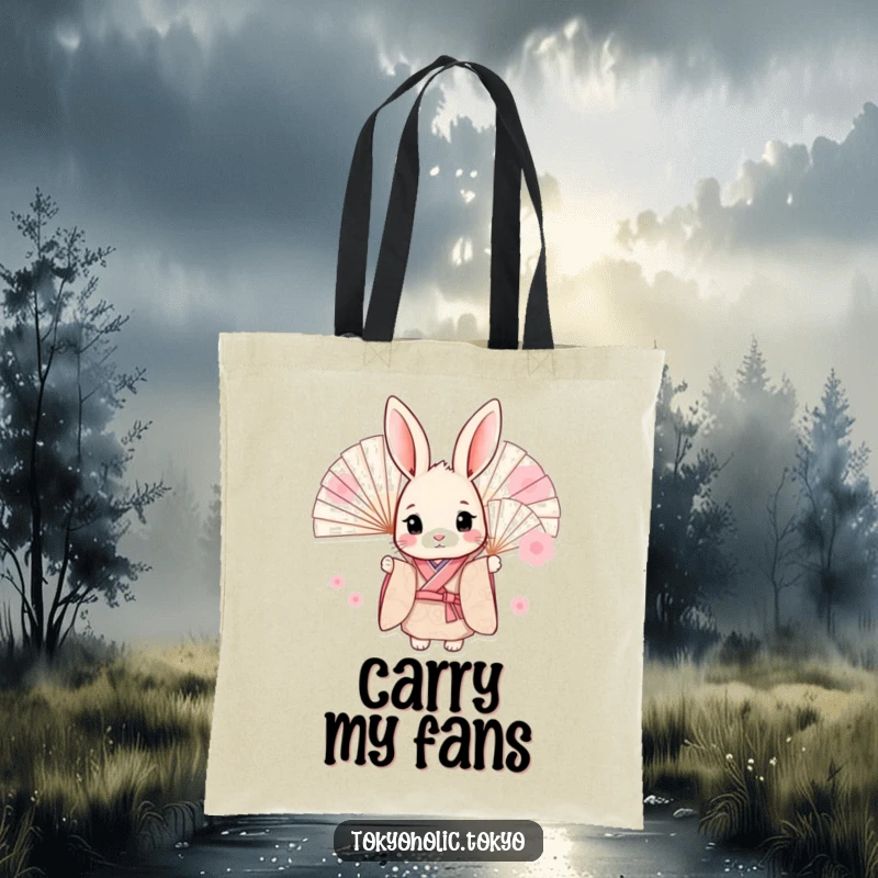 Funny tote bag with a sweet bunny in a kimono, peeking from behind delicate fans, perfect for carrying essentials with a humorous touch.